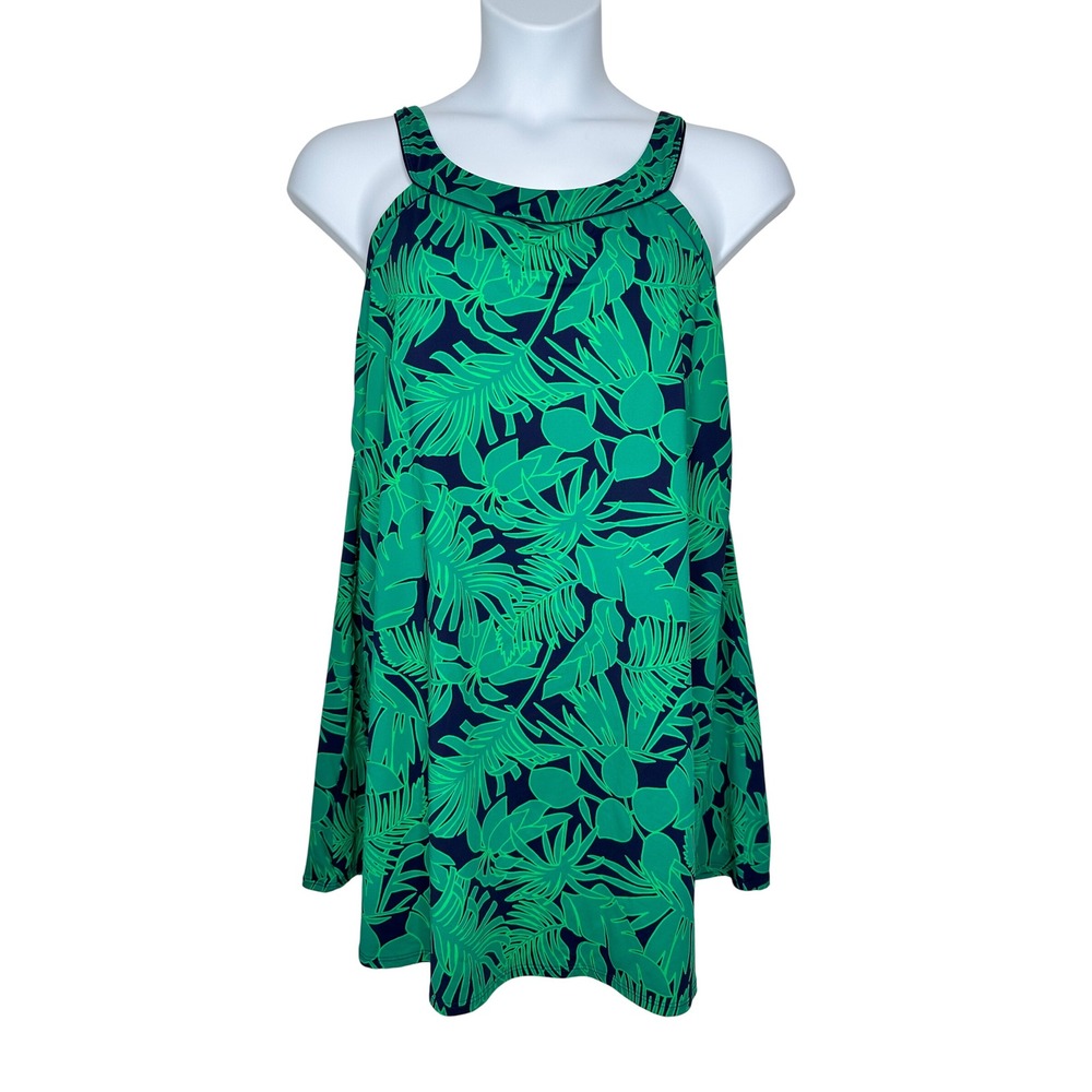 Lands End Swim Dress 20W Green Navy Tropical Palm Leaf Cross Back Swimsuit